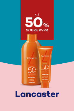 Protetores Solares da marca lancaster com destaque promocional de at&eacute; 50% sobre pre&ccedil;o de Venda ao P&uacute;blico Recomendado